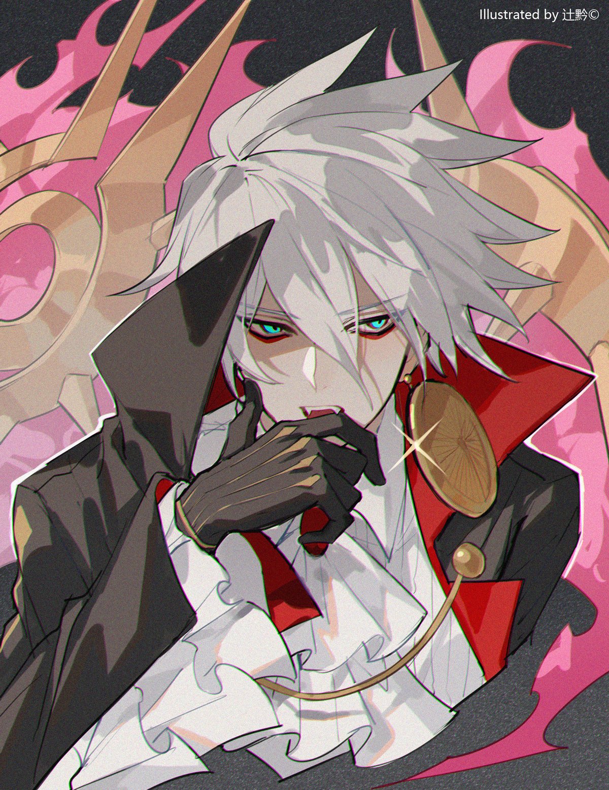 1boy bangs bishounen blue_eyes cape earrings eyeshadow fangs fate/apocrypha fate/extella fate/extella_link fate/extra fate/extra_ccc fate/extra_ccc_fox_tail fate/grand_order fate_(series) fur_collar gloves hair_between_eyes hand_on_own_face highres jewelry karna_(fate) looking_at_viewer makeup male_focus open_mouth pale_skin red_eyeshadow short_hair single_earring solo spiky_hair sqloveraven type-moon upper_body vampire vampire_costume white_hair