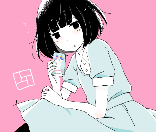 1girl akashi_(yojouhan) animal_print arm_rest bad_drawr_id bad_id bangs black_eyes black_hair black_legwear blue_dress blunt_bangs blush bob_cut body_blush can cat_print collared_dress colored_skin crosshatching d: dot_nose drawr dress drink eyebrows_visible_through_hair feet_out_of_frame from_side hand_up hatching_(texture) holding holding_can holding_drink jaggy_lines looking_at_viewer looking_to_the_side mole mole_under_eye oekaki parted_lips pink_background pleated_dress puffy_short_sleeves puffy_sleeves satou_odori short_sleeves simple_background sitting sleeve_cuffs solo white_skin wing_collar yojouhan_shinwa_taikei