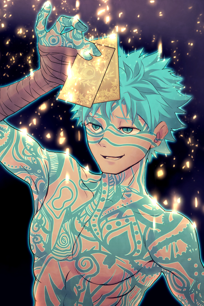 1boy angra_mainyu_(fate) black_background blue_eyes blue_hair collarbone fate/grand_order fate_(series) full-body_tattoo holding jitome kassan_(kassan_5a) light_particles male_focus messy_hair pectorals smile smug solo summon_ticket_(fate) tattoo topless_male upper_body