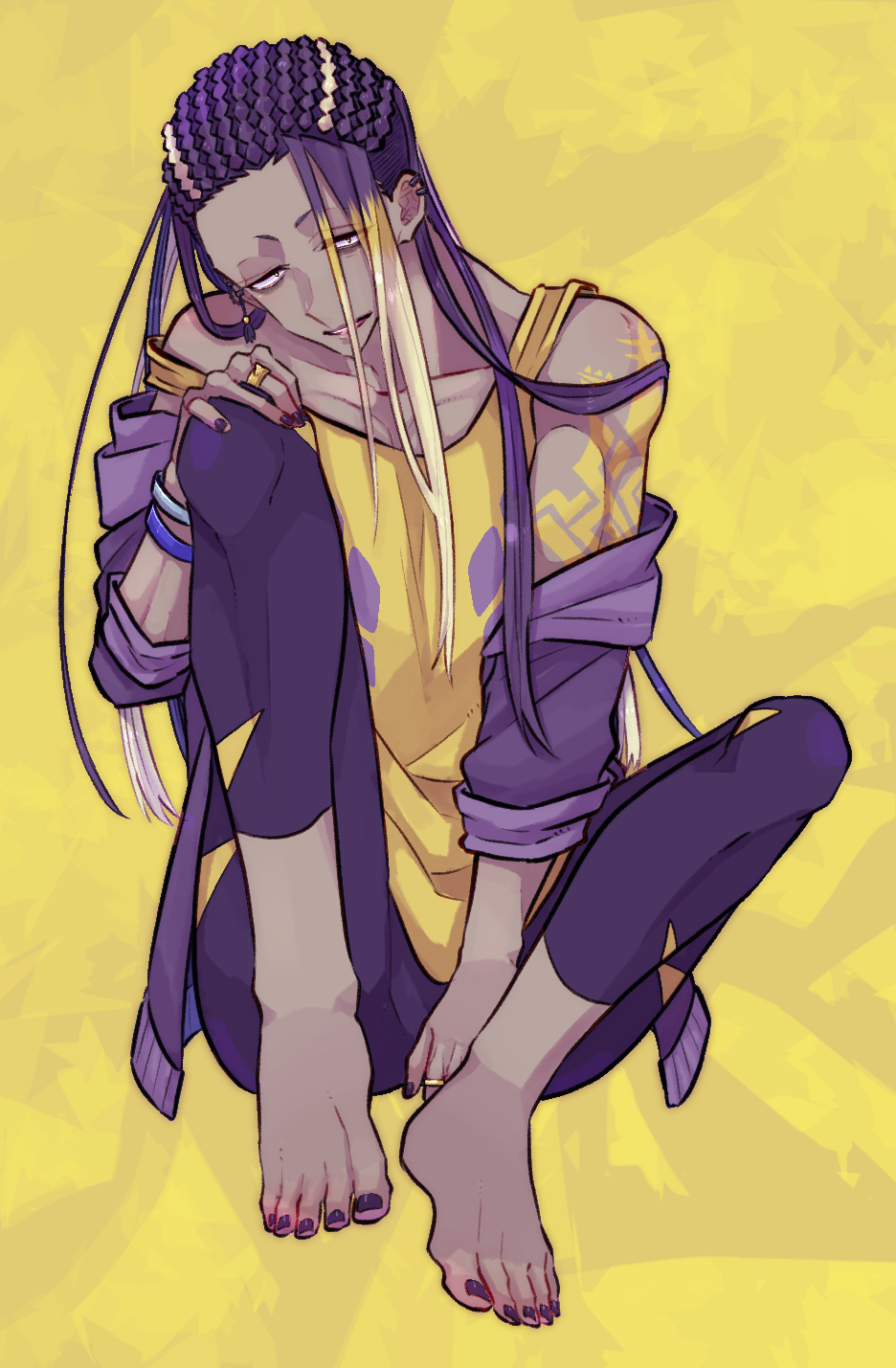 1boy barefoot black_nails cornrows dark-skinned_male dark_skin ear_piercing highres jacket jewelry knee_up looking_at_viewer male_focus multicolored_hair pants personification piercing pokemon purple_hair purple_jacket ring saikachimushi shirt solo tattoo toxtricity wristband yellow_background yellow_shirt