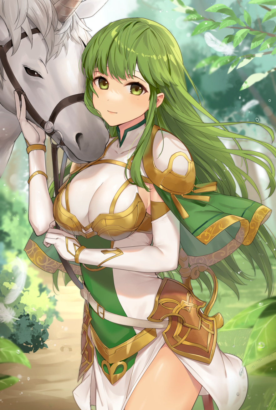1girl armor breastplate breasts collared_dress cowboy_shot dress elbow_gloves expressionless fire_emblem fire_emblem:_mystery_of_the_emblem fire_emblem_echoes:_shadows_of_valentia gloves green_eyes green_hair haru_(nakajou-28) headband highres horse large_breasts long_hair looking_at_viewer official_alternate_costume outdoors palla_(fire_emblem) pegasus_knight_uniform_(fire_emblem) pelvic_curtain road sheath shoulder_armor side_slit skin_tight solo very_long_hair white_dress white_gloves white_headband