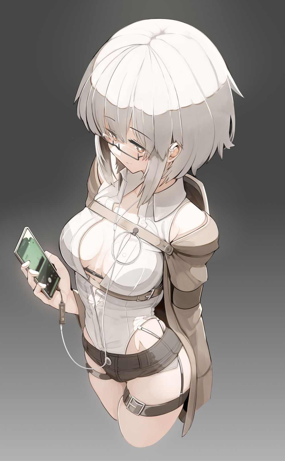 1girl arm_at_side bra_strap breasts breasts_apart bright_pupils cropped_legs digital_media_player earphones exposed_pocket framed_breasts from_above garter_straps genek glasses grey_hair highleg highres jacket leotard micro_shorts original partially_unzipped short_hair short_shorts shorts silver_hair simple_background sleeveless solo thigh_strap wing_collar yellow_eyes