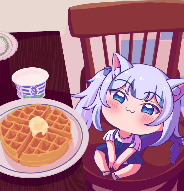 1girl :3 animal_ears blue_eyes blue_hair blush butter cat_ears cat_girl chair chibi closed_mouth eyebrows_visible_through_hair fish_tail food gawr_gura hololive hololive_english looking_at_viewer medium_hair plate shark_girl shark_tail short_sleeves sitting smile solo table tail twintails virtual_youtuber waffle white_hair zetxune