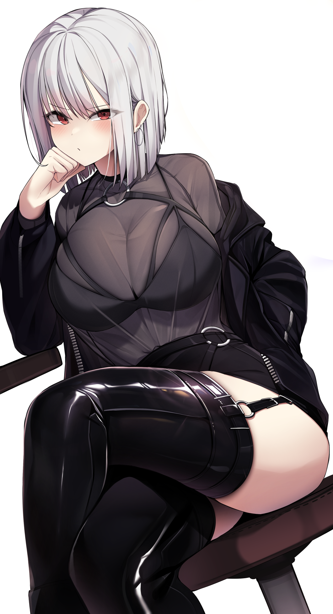 1girl black_bra black_jacket black_skirt blush bra bra_visible_through_clothes breasts closed_mouth crossed_legs ddangbi earrings elbow_rest garter_straps hand_in_pocket head_rest highres hoop_earrings jacket jewelry large_breasts looking_at_viewer o-ring o-ring_legwear o-ring_top off_shoulder original red_eyes see-through_shirt short_hair simple_background sitting skirt solo stool thigh-highs thighs underwear white_background white_hair