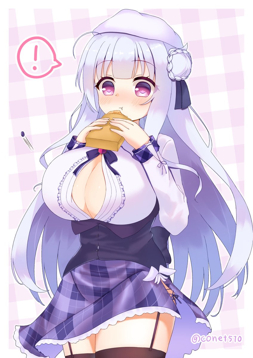 1girl azur_lane blush breasts bursting_breasts button_gap collared_shirt commission conet510 cygnet_(azur_lane) food frilled_skirt frills garter_straps hat highres holding holding_food large_breasts long_hair long_sleeves neck_ribbon ribbon school_uniform shirt simple_background skeb_commission skirt solo thigh-highs violet_eyes white_hair