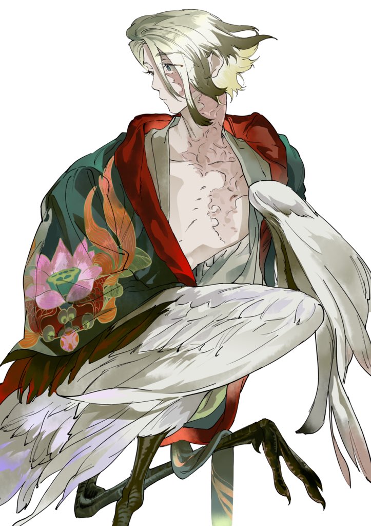 1boy atie1225 blonde_hair claws feathered_wings full_body harpy_boy japanese_clothes kimono male_focus monster_boy open_clothes open_kimono original scar scar_across_eye scar_on_chest short_hair skinny solo talons white_background wings