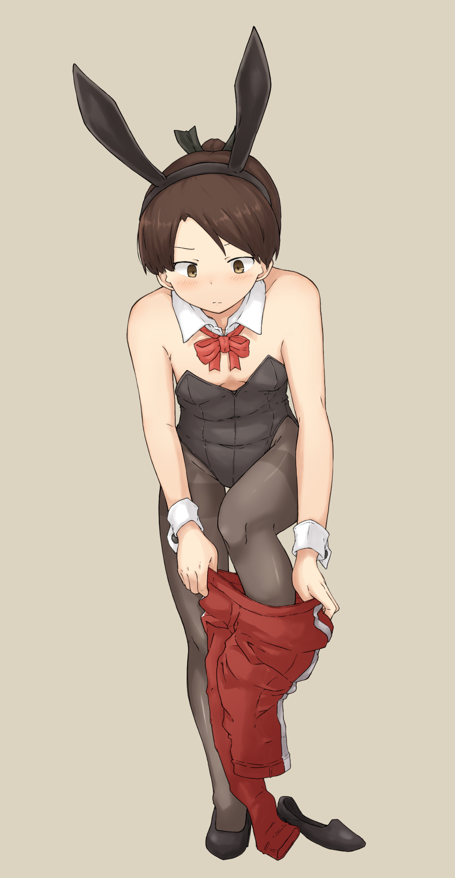 1girl animal_ears black_footwear black_legwear black_leotard bow bowtie breasts brown_background brown_eyes brown_hair chagamaka detached_collar dressing full_body highres kantai_collection leotard pants pantyhose playboy_bunny ponytail pumps rabbit_ears red_bow red_bowtie red_pants shikinami_(kancolle) shoe_removed short_hair simple_background small_breasts solo track_pants wrist_cuffs