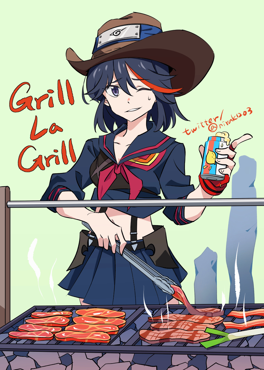 1girl bangs black_hair black_sailor_collar black_shirt black_skirt blue_eyes breasts brown_background brown_headwear copyright_name cowboy_shot food forehead_protector gloves hamaguri_(nirak1203) highres holding kill_la_kill konohagakure_symbol long_sleeves matoi_ryuuko meat miniskirt multicolored_hair navel neckerchief one_eye_closed parted_lips pleated_skirt red_gloves red_neckerchief redhead sailor_collar school_uniform senketsu shirt short_hair single_glove skirt smile solo stomach suspenders sweatdrop teeth tongs two-tone_hair