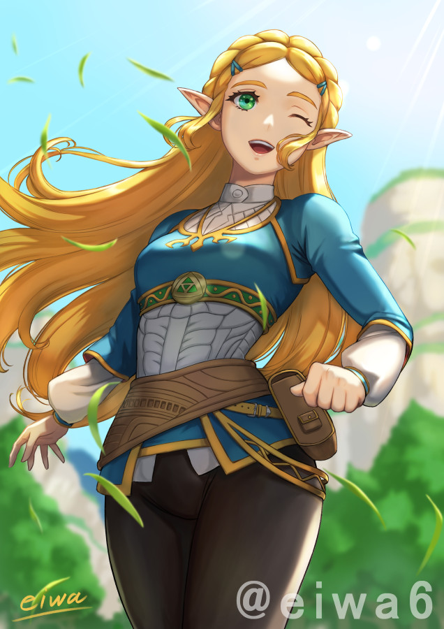 backlighting belt beltskirt blonde_hair blurry blurry_background braid breasts cowboy_shot crown_braid dress_shirt eiwa floating_hair forehead from_below grass green_eyes hair_ornament hairclip long_hair long_sleeves medium_breasts one_eye_closed open_mouth outdoors pants pointy_ears pouch princess princess_zelda shirt sidelocks signature sky smile tareme the_legend_of_zelda the_legend_of_zelda:_breath_of_the_wild triforce twitter_username wind wind_lift