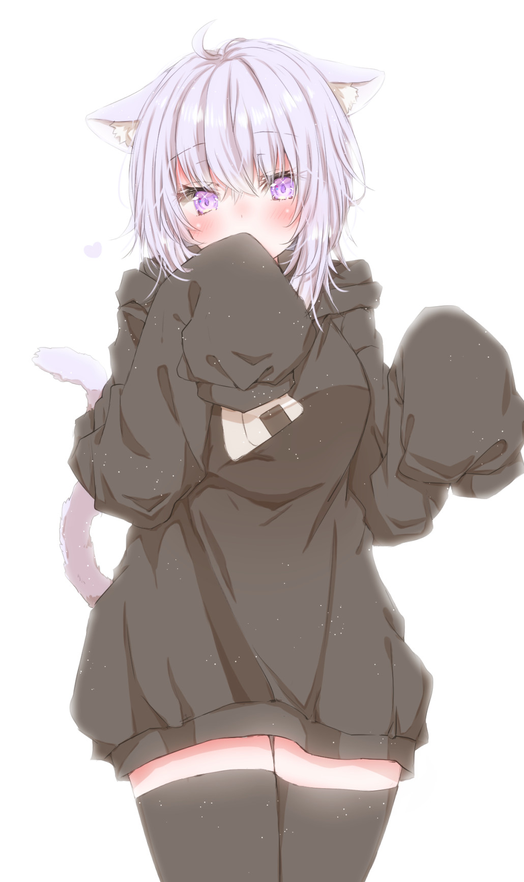 1girl animal_ear_fluff animal_ears bangs black_legwear blush cat_ears cat_tail cowboy_shot eyebrows_visible_through_hair highres hiro_(hirohiro31) hololive hololive_gamers hood hood_down hoodie looking_at_viewer nekomata_okayu oversized_clothes purple_hair short_hair sleeves_past_fingers sleeves_past_wrists solo tail thigh-highs violet_eyes virtual_youtuber white_background