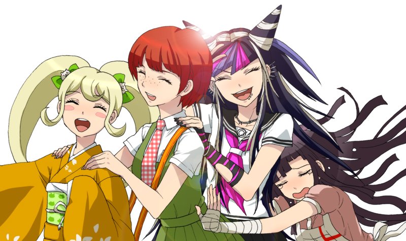 4girls apron asymmetrical_legwear bangs black_hair blue_hair closed_eyes danganronpa_(series) danganronpa_2:_goodbye_despair dosugon dress facing_viewer freckles green_dress hair_horns koizumi_mahiru long_hair long_sleeves mioda_ibuki mismatched_legwear multicolored_hair multiple_girls necktie obi pink_eyes pink_hair pink_shirt plaid_necktie redhead saionji_hiyoko sash school_uniform serafuku shirt short_hair short_sleeves smile tearing_up teeth tsumiki_mikan upper_body upper_teeth white_hair white_shirt wide_sleeves