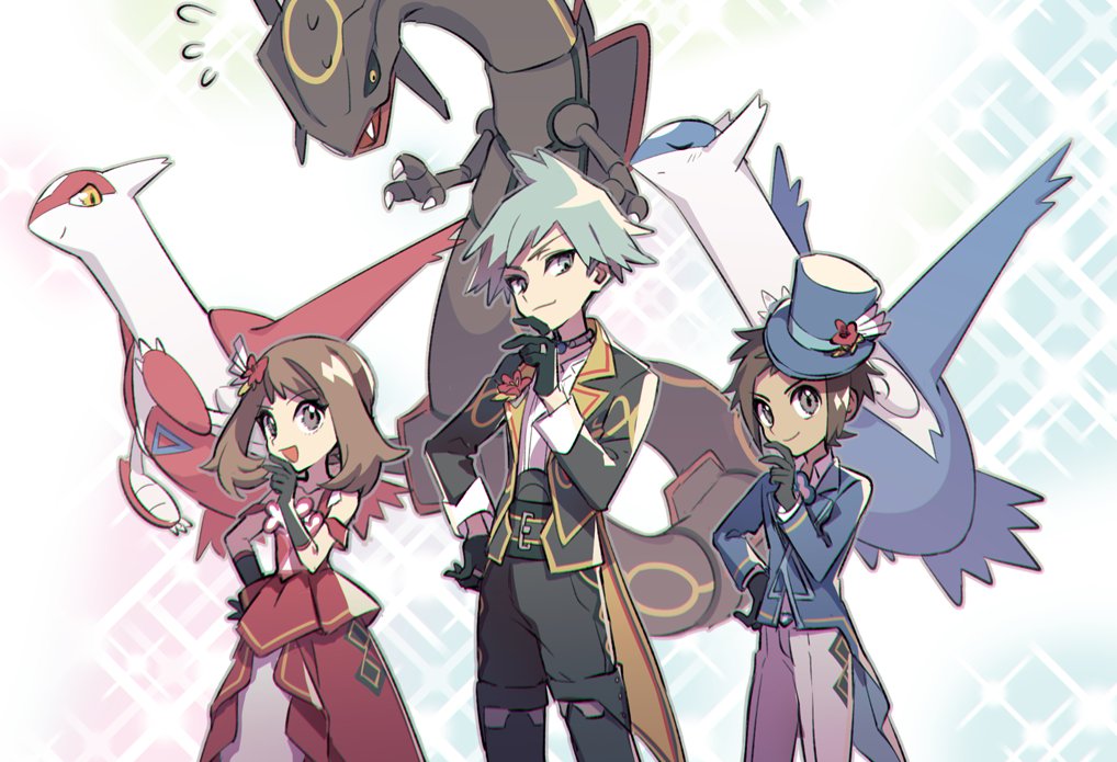 1girl 2boys :d alternate_color bangs black_gloves brendan_(pokemon) brown_hair claws closed_mouth commentary_request eyelashes flying_sweatdrops gloves grey_eyes hand_on_hip hand_up hat huan_li latias latios may_(pokemon) multiple_boys official_alternate_costume open_mouth pants pokemon pokemon_(game) pokemon_masters_ex pokemon_oras rayquaza shiny_pokemon shirt short_hair smile spiky_hair steven_stone tailcoat top_hat white_shirt