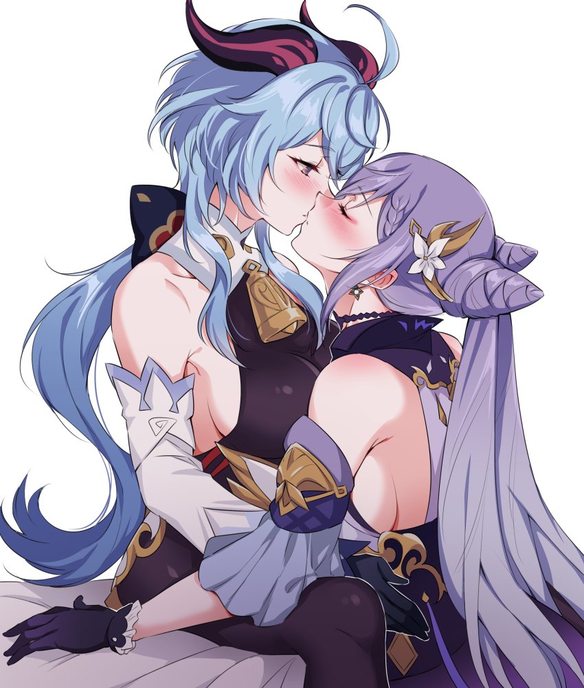2girls ahoge bare_shoulders bell black_gloves blue_hair blush bodysuit breasts closed_eyes collarbone cowbell detached_sleeves earrings ganyu_(genshin_impact) genshin_impact gloves goat_horns hair_cones hair_ornament horns jewelry keqing_(genshin_impact) kiss long_hair looking_at_another medium_breasts multiple_girls negom purple_hair simple_background sitting twintails violet_eyes white_background yuri