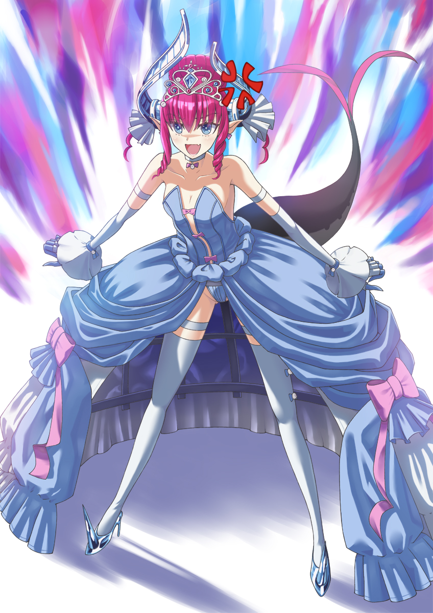 1girl angry bangs blue_eyes choker collarbone corset crinoline curly_hair dragon_girl dragon_horns dragon_tail dress elbow_sleeve elizabeth_bathory_(cinderella_rider)_(fate) elizabeth_bathory_(fate) elizabeth_bathory_(fate)_(all) elizabeth_bathory_(fate/extra_ccc) fate/grand_order fate_(series) gloves hair_between_eyes hair_ornament high_heels highres horns kushiro_h open_mouth pink_hair pointy_ears sidelocks sleeveless sleeveless_dress solo solo_focus tail tail_raised thigh-highs tiara white_dress