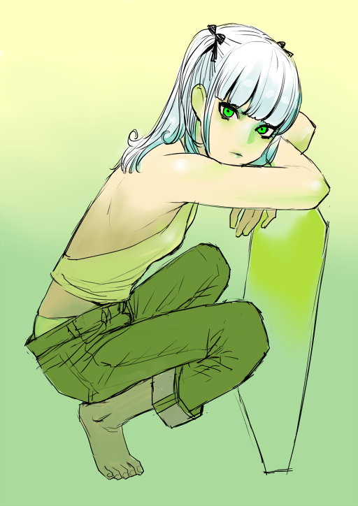 1girl arm_rest bangs bare_arms bare_back barefoot blunt_bangs breasts denim expressionless from_side green_eyes green_theme hair_ribbon halterneck jeans leaning_on_object light_blue_hair limited_palette long_hair looking_at_viewer original pants pants_rolled_up peco_(pockleberry) ribbon sleeveless small_breasts solo squatting twintails