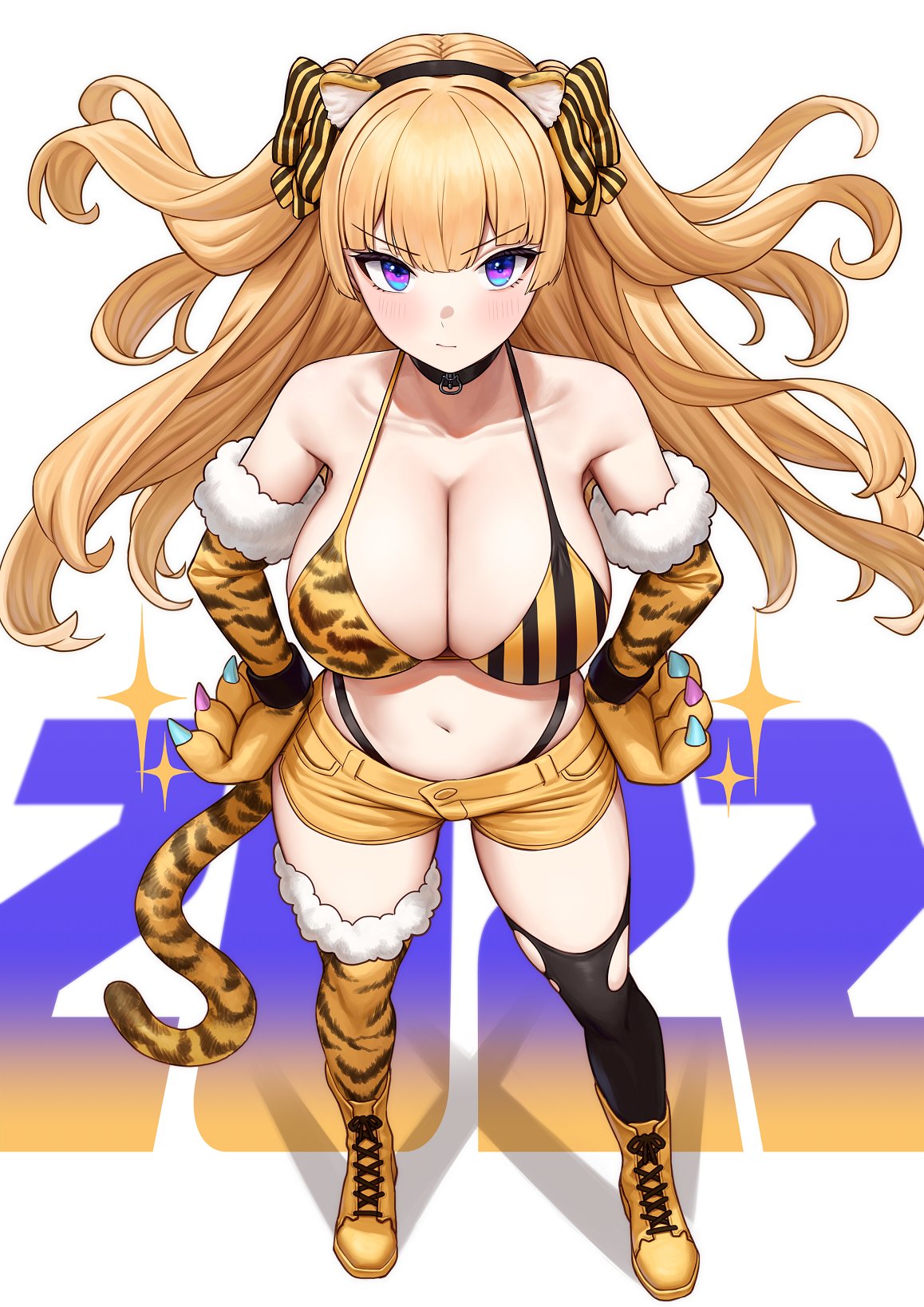 1girl 2022 animal_ears animal_hands animal_print bangs bikini black_choker blonde_hair blue_eyes boots breasts chinese_zodiac choker collarbone eyebrows_visible_through_hair fake_animal_ears full_body gloves hands_on_hips highres large_breasts lina_(michihasu) long_hair michihasu mismatched_bikini multicolored_eyes navel original paw_gloves print_bikini shorts simple_background solo standing striped striped_bikini swimsuit symbol-only_commentary tiger_ears tiger_print two_side_up vertical-striped_bikini vertical_stripes violet_eyes white_background year_of_the_tiger yellow_footwear yellow_shorts