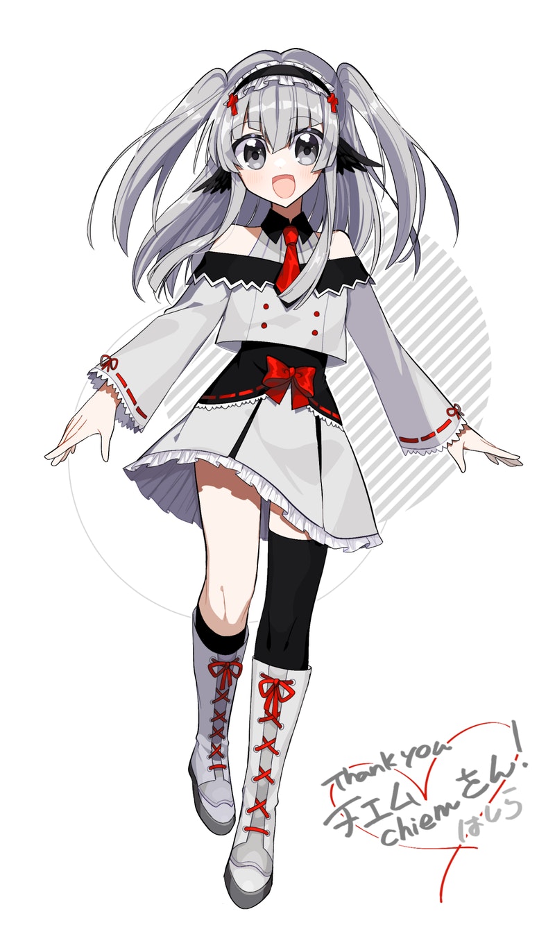 asymmetrical_legwear black_wings buttons chiem_(vtuber) commission double-breasted feathered_wings frilled_hairband frilled_skirt frills grey_eyes hairband highres indie_virtual_youtuber mismatched_legwear necktie open_mouth pitoichi red_necktie silver_hair skeb_commission skirt striped striped_background thank_you two_side_up virtual_youtuber white_background wings