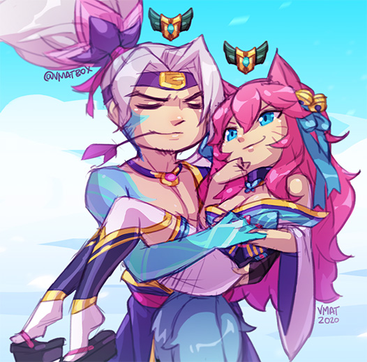 1boy 1girl ahri_(league_of_legends) animal_ears artist_name bangs bare_shoulders breasts fox_ears fox_tail green_background green_eyes grey_background holding_person japanese_clothes kimono league_of_legends long_hair medium_breasts mouth_hold outdoors pink_hair ponytail sandals smile spirit_blossom_(league_of_legends) spirit_blossom_ahri spirit_blossom_yasuo tail thigh-highs upper_body vmat yasuo_(league_of_legends)