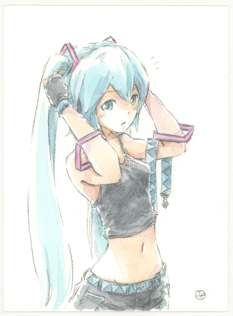 1girl :o aqua_eyes aqua_hair bangle belt belt_removed black_shirt black_skirt bracelet commentary crop_top epoxy_putty fingerless_gloves gloves hair_ornament hands_in_hair hands_up hatsune_miku jewelry long_hair looking_at_viewer midriff navel notice_lines painting_(medium) shirt signature skinny skirt solo spaghetti_strap traditional_media twintails upper_body very_long_hair vocaloid watercolor_(medium) white_background