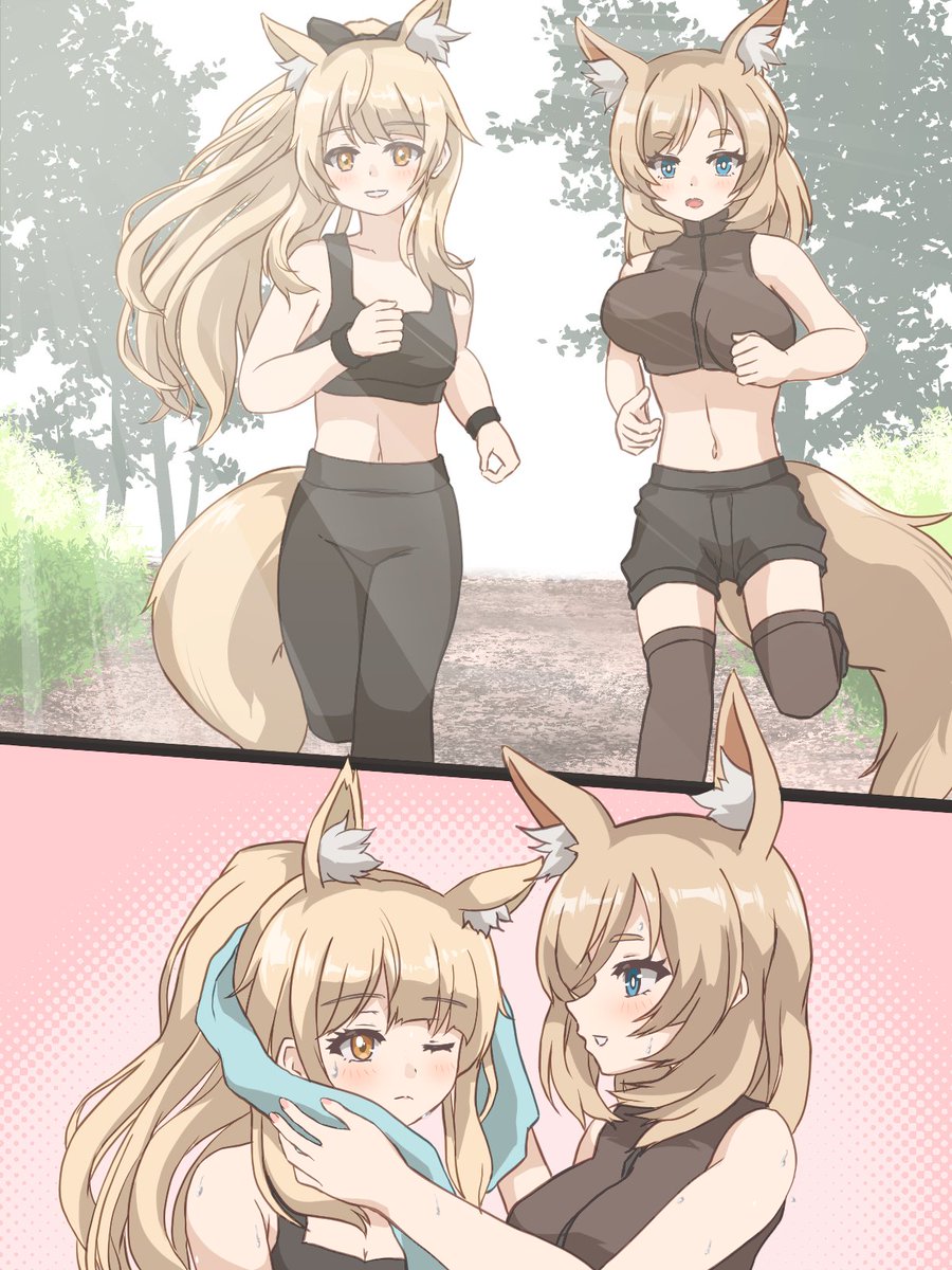 2girls animal_ear_fluff animal_ears arknights aunt_and_niece bangs black_pants black_shorts black_sports_bra blemishine_(arknights) blonde_hair blue_hair exercise eyebrows_visible_through_hair high_ponytail highres horse_ears horse_girl horse_tail jogging long_hair midriff multiple_girls navel one_eye_closed open_mouth outdoors pants running shorts smile sports_bra tail thigh-highs tififox towel whislash_(arknights) yellow_eyes