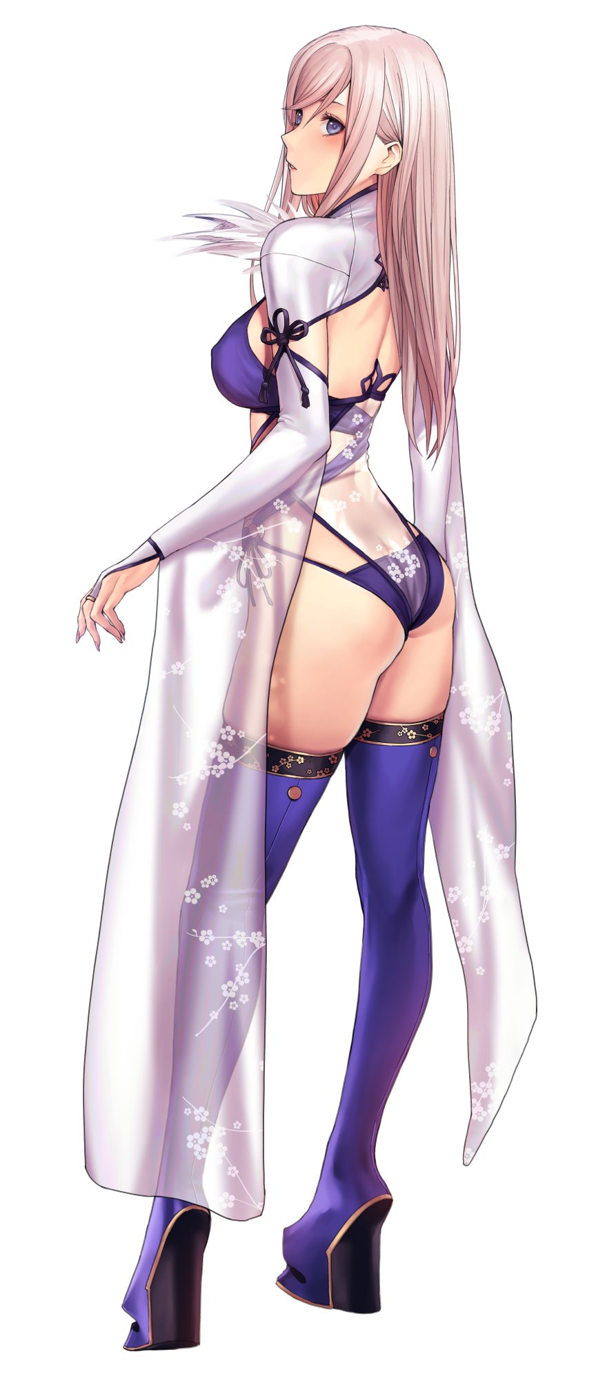 1girl alternate_costume applekun ass bangs blue_eyes blush boots breasts bridal_gauntlets commentary fate/grand_order fate_(series) feather_trim fingernails floral_print from_behind full_body gold_trim highleg highleg_swimsuit highres long_hair medium_breasts miyamoto_musashi_(fate) miyamoto_musashi_(swimsuit_berserker)_(fate) parted_lips see-through simple_background standing swimsuit thigh-highs thigh_boots thighs wide_sleeves