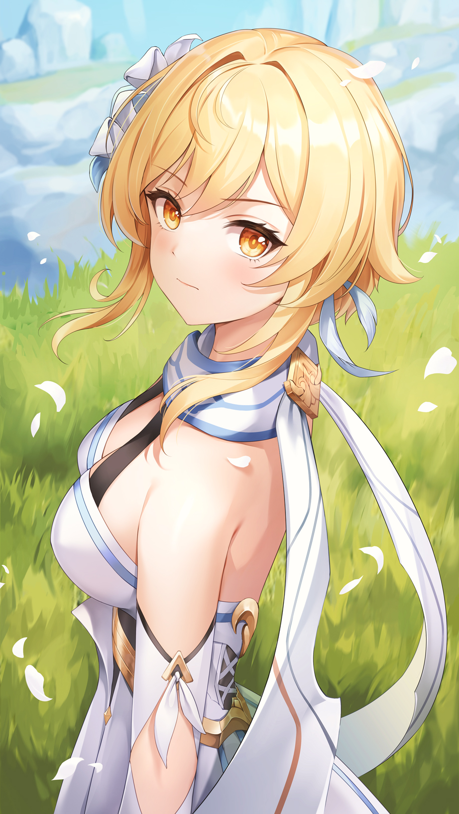 1girl bangs bare_shoulders blonde_hair breasts closed_mouth eyebrows_visible_through_hair feather_hair_ornament feathers flower from_side genshin_impact grass hair_flower hair_ornament highres looking_at_viewer lumine_(genshin_impact) lunacle medium_breasts mountain outdoors petals scarf short_hair_with_long_locks solo white_dragon_ninja white_scarf yellow_eyes