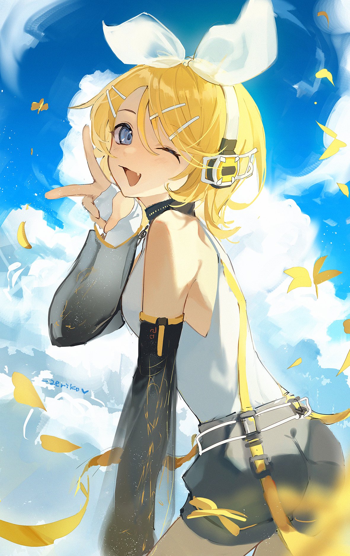 bare_shoulders belt blonde_hair blue_eyes bow clouds cloudy_sky cowboy_shot day detached_sleeves elbow_gloves falling_leaves fang fingerless_gloves from_side gloves grey_shorts hair_bow hand_up headphones highres kagamine_rin kagamine_rin_(append) leaf leaning_forward open_mouth outdoors pendant_choker see-through_sleeves shi_song_guo shirt short_hair shorts skin_fang sky sleeveless sleeveless_shirt smile treble_clef twisted_torso v vocaloid vocaloid_append white_bow white_gloves white_shirt yellow_leaves