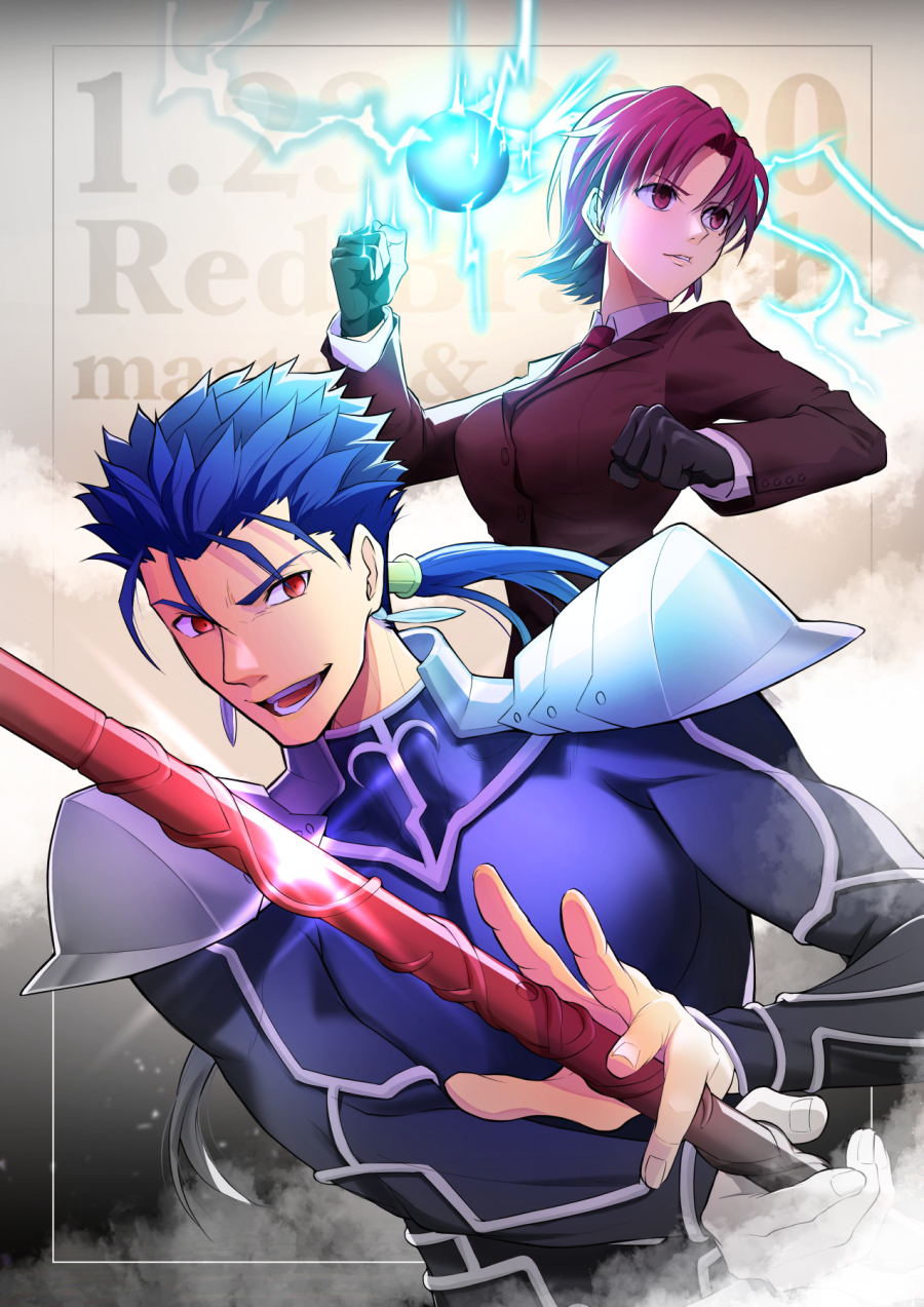 1boy 1girl :d armor bazett_fraga_mcremitz black_gloves blue_bodysuit blue_hair bodysuit clenched_hand cu_chulainn_(fate) cu_chulainn_(fate/stay_night) earrings fate/hollow_ataraxia fate_(series) formal fragarach_(fate) gae_bolg_(fate) gloves grey_background hair_strand highres holding holding_polearm holding_weapon jewelry kassan_(kassan_5a) long_hair looking_at_viewer looking_away necktie open_mouth pant_suit pauldrons polearm ponytail red_eyes red_necktie redhead short_hair shoulder_armor smile suit upper_body weapon