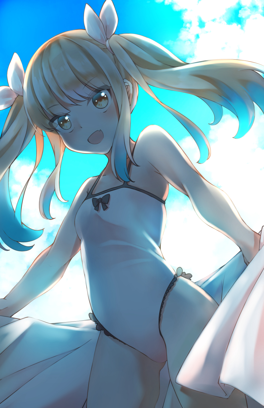 1girl :d bangs bare_arms bare_shoulders black_bow blue_hair blue_sky blush bow breasts brown_eyes brown_hair clouds cloudy_sky comah day eyebrows_visible_through_hair fang hair_ribbon highres holding holding_towel looking_at_viewer multicolored_hair one-piece_swimsuit original outdoors ribbon sky small_breasts smile solo standing streaked_hair swimsuit towel twintails v-shaped_eyebrows white_ribbon white_swimsuit