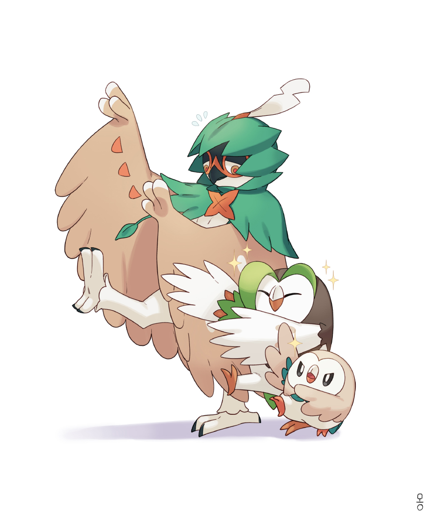 beak brown_eyes closed_eyes closed_mouth commentary_request dartrix decidueye evolutionary_line korean_commentary leg_up mongguri no_humans pokemon pokemon_(creature) red_pupils rowlet simple_background sparkle standing standing_on_one_leg white_background yotsubato!_pose