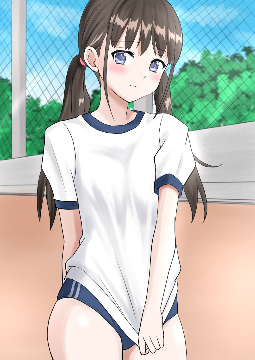 1girl blue_buruma blue_eyes blush brown_hair buruma chain-link_fence clothes_pull copal_(hpja3327) embarrassed fence gym_uniform highres long_hair looking_at_viewer low_twintails original outdoors pulled_by_self shirt shirt_pull shirt_tug short_sleeves solo thighs twintails white_shirt