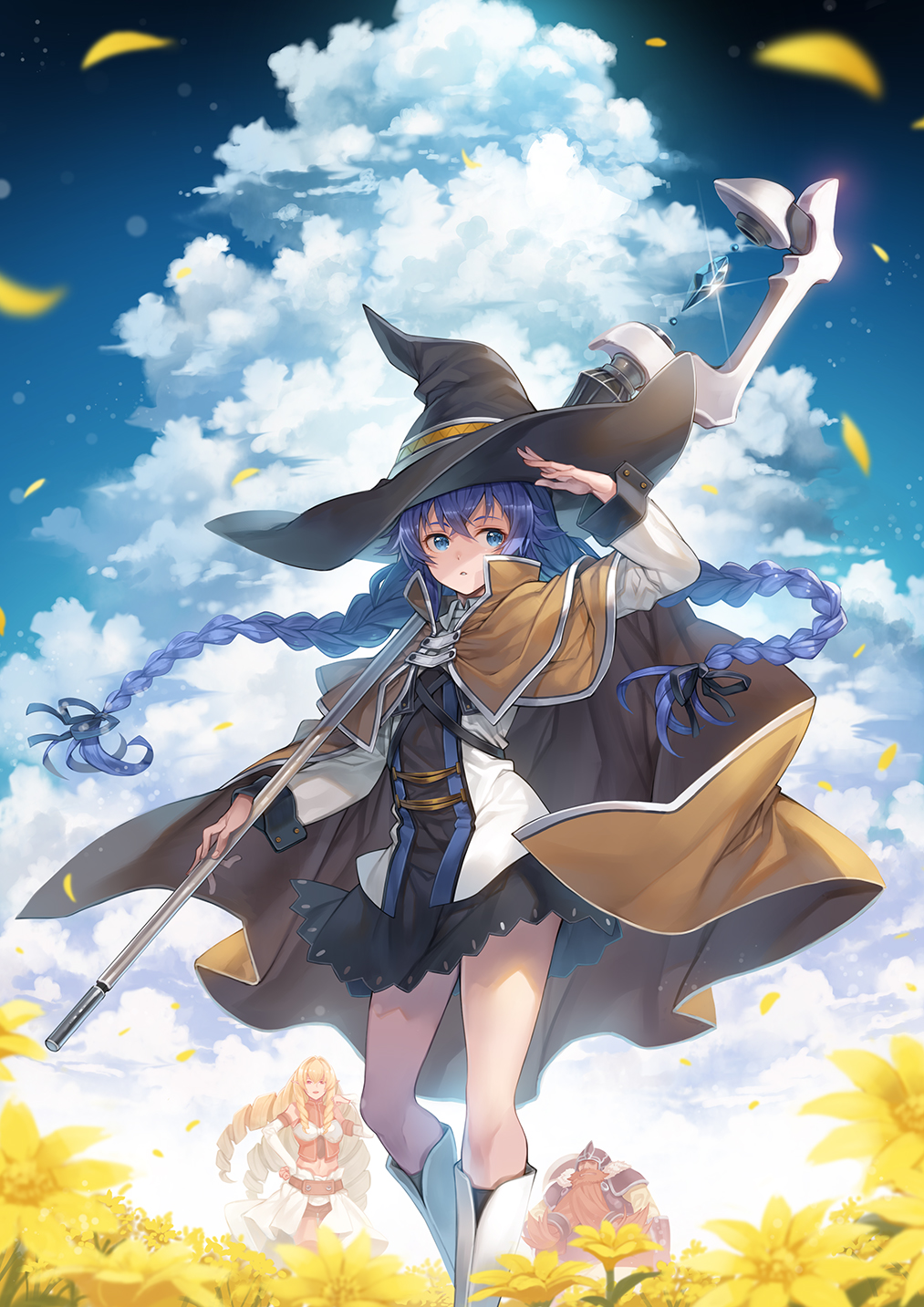 1boy 2girls arm_up bangs black_dress black_headwear black_ribbon blue_eyes blue_hair blue_sky braid brown_capelet brown_cloak capelet character_request cloak clouds cloudy_sky commentary_request day dress feet_out_of_frame flower hagure_keg hair_between_eyes hair_ribbon hat highres holding holding_staff jacket kneebar long_hair long_sleeves low_twintails multiple_girls mushoku_tensei outdoors petals ribbon roxy_migurdia sky solo_focus staff twin_braids twintails very_long_hair white_footwear white_jacket witch_hat yellow_flower