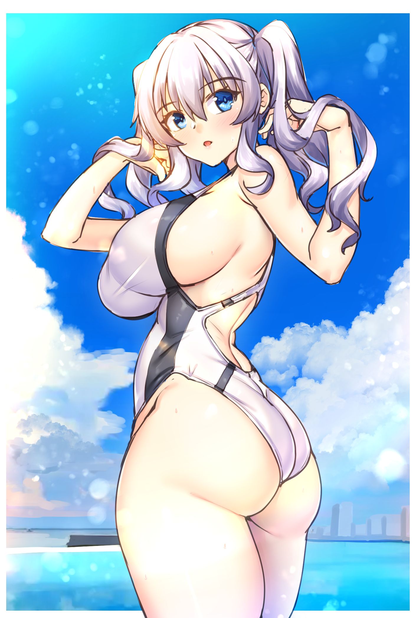 1girl ass blue_eyes blue_sky breasts clouds commentary_request competition_swimsuit cowboy_shot day from_behind highres kantai_collection kashima_(kancolle) large_breasts looking_at_viewer looking_back ocean one-piece_swimsuit outdoors shirokuma_a sideboob sidelocks silver_hair sky solo standing swimsuit twintails wavy_hair white_swimsuit