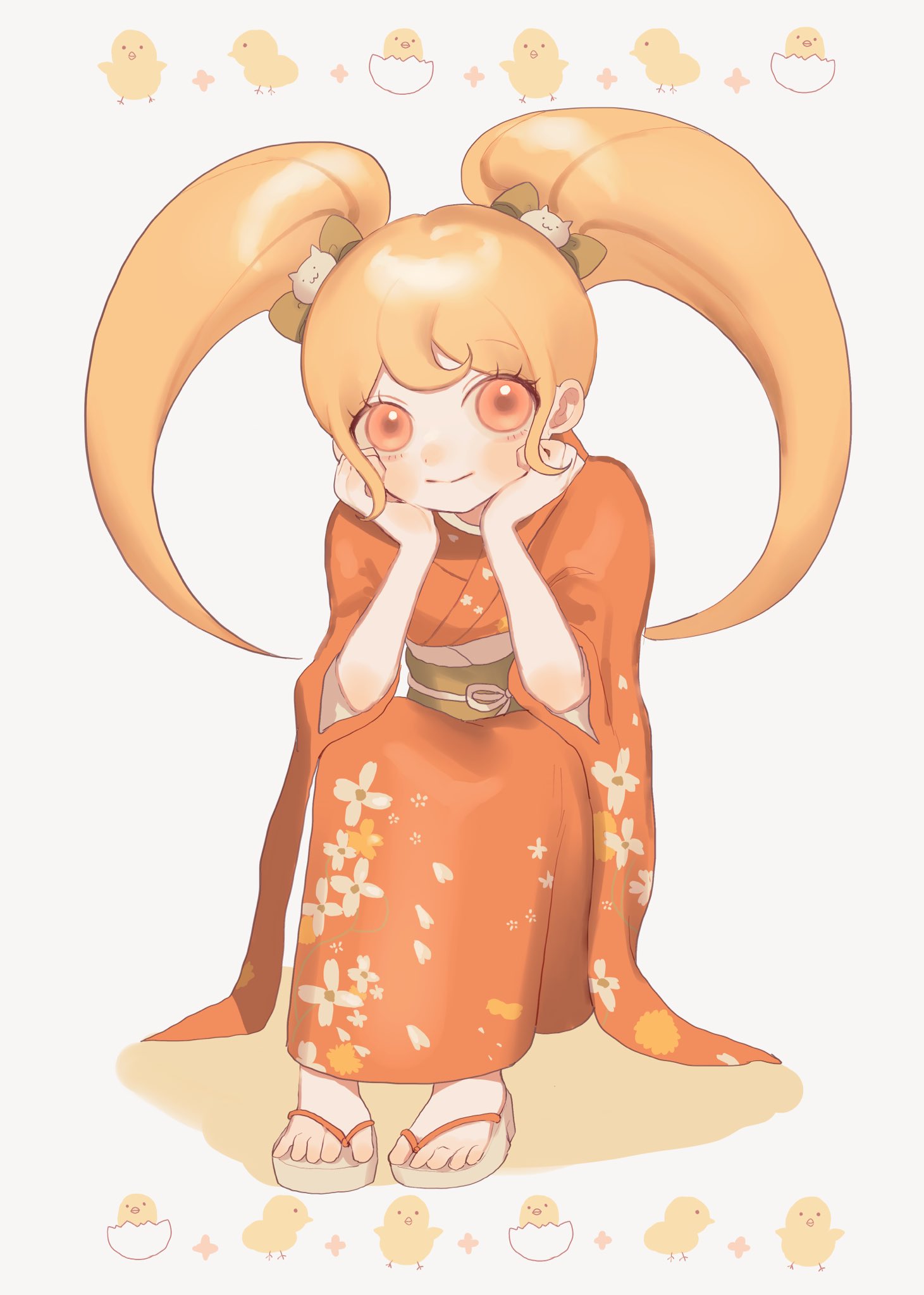 1girl bangs blonde_hair bow danganronpa_(series) danganronpa_2:_goodbye_despair eyebrows_visible_through_hair hair_bow hair_ornament highres japanese_clothes kimono long_hair obi orange_bow orange_eyes orange_kimono renli_(nire999) saionji_hiyoko sandals sash shiny shiny_hair simple_background sitting smile solo twintails white_background wide_sleeves