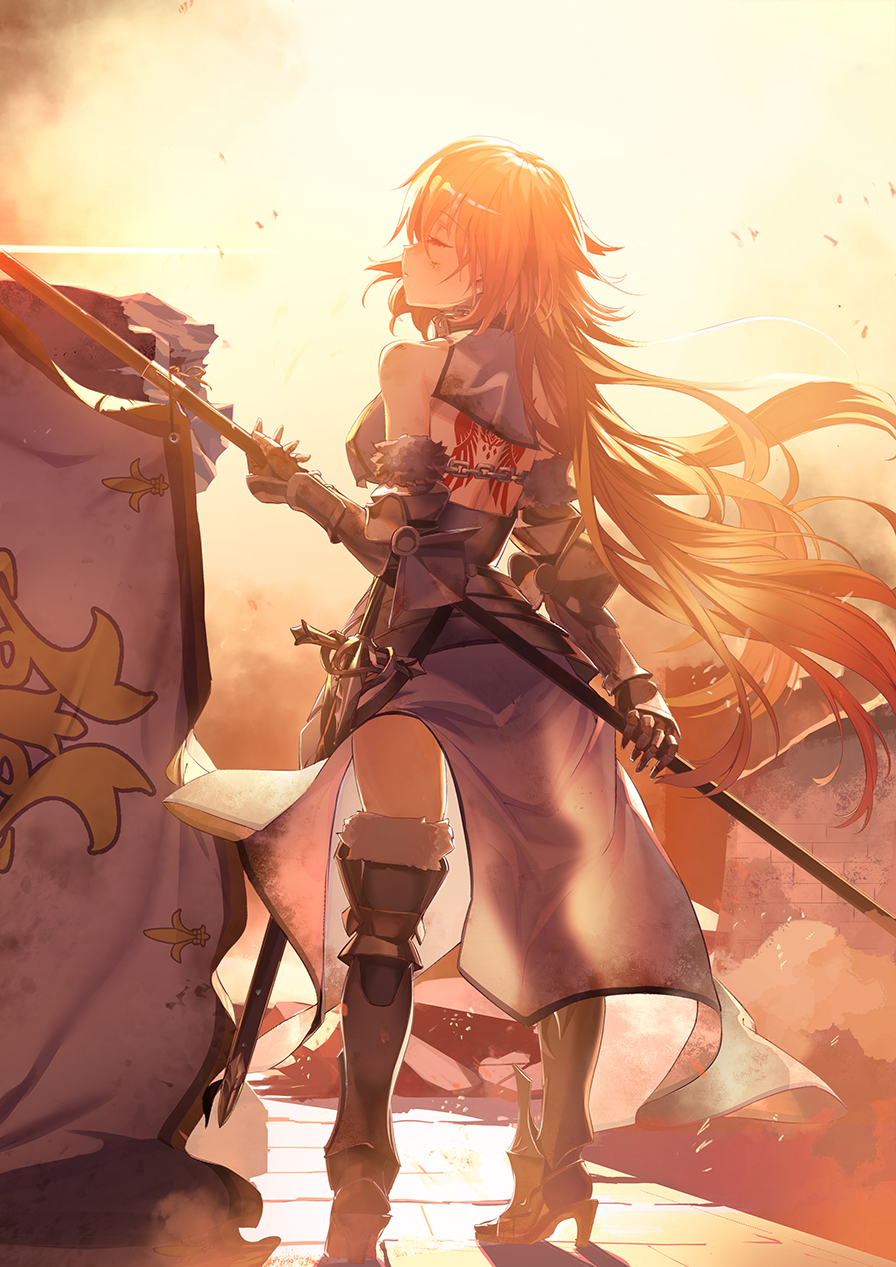 1girl armor armored_boots armored_dress back bangs blonde_hair boots breasts chain closed_eyes collar fate/apocrypha fate/grand_order fate_(series) faulds flag full_body gauntlets headpiece highres jeanne_d'arc_(fate) jeanne_d'arc_(fate/apocrypha) large_breasts long_hair metal_collar plackart polearm soupchan very_long_hair weapon