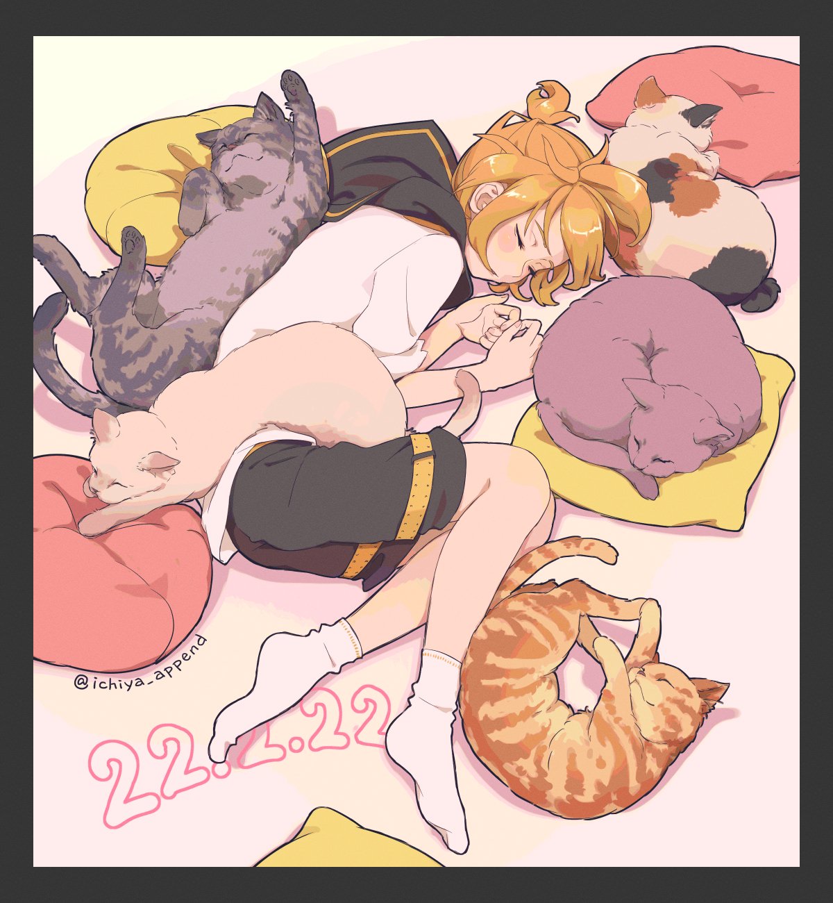 1boy black_collar black_shorts blonde_hair calico cat cat_day closed_eyes collar collared_shirt commentary curled_up cushion dated grey_cat highres ichiya_append kagamine_len male_focus no_shoes sailor_collar shirt short_ponytail short_sleeves shorts sleeping socks solo spiky_hair tabby_cat twitter_username vocaloid white_shirt