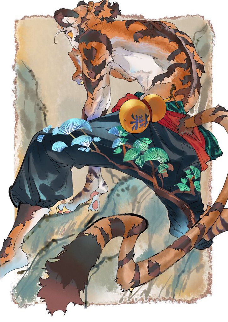 1boy animal_ears animal_hands animal_print atie1225 baggy_pants black_pants branch chinese_zodiac colored_sclera foreshortening from_behind full_body leaning_forward looking_at_viewer male_focus monster_boy orange_sclera original pants perspective plant solo spine tiger_boy tiger_ears tiger_print toned toned_male topless_male year_of_the_tiger