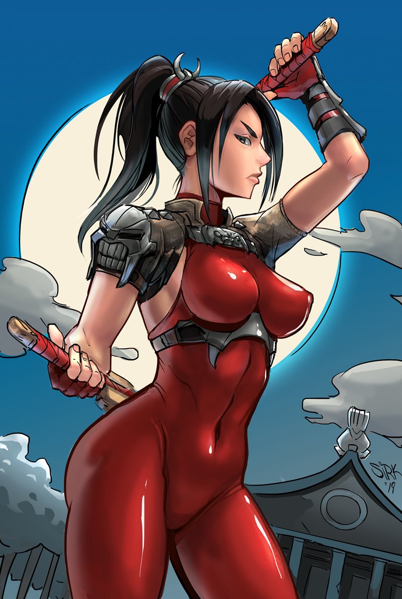 1girl armor black_hair bodysuit breasts clouds covered_navel dual_wielding female fingerless_gloves frown full_moon gloves holding_weapon knife large_breasts long_hair looking_at_viewer melee_weapon moon night ponytail shoulder_armor sirk sky solo soul_calibur soul_calibur_vi taki vambraces weapon