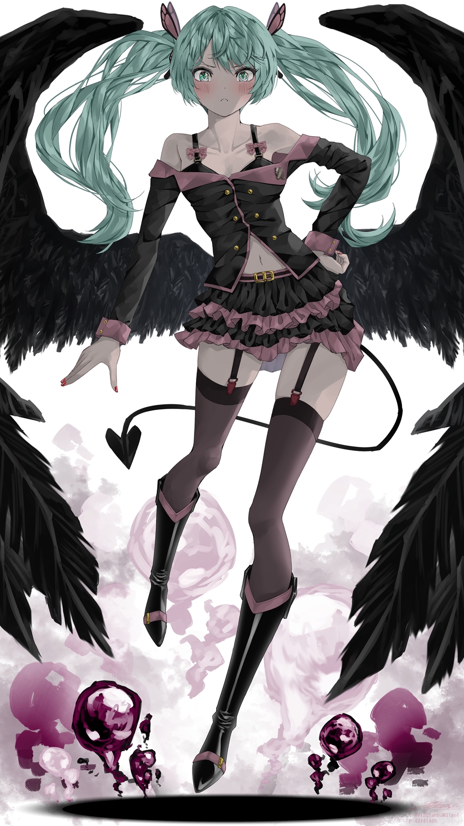 1girl aqua_eyes aqua_hair bare_shoulders black_bra black_feathers black_footwear black_legwear black_shirt black_skirt black_wings blush boots bra butterfly_hair_ornament collarbone contrapposto demon_tail feathered_wings frilled_skirt frills frown full_body garters hair_ornament hand_on_hip hatsune_miku highres honey_whip_(module) knee_boots layered_skirt long_hair miniskirt off-shoulder_shirt off_shoulder project_diva_(series) shirt shirubaa skirt solo standing tail thigh-highs twintails underwear vocaloid wings