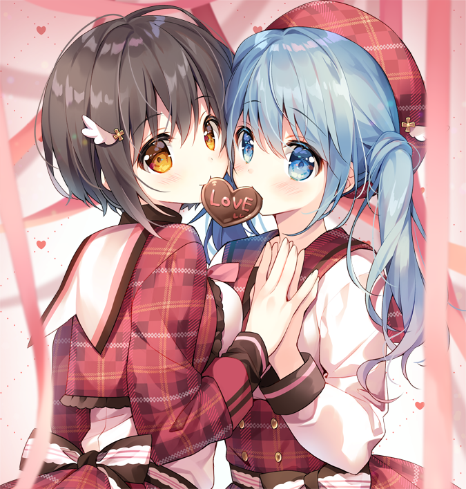 2girls back_bow bangs beret black_hair blue_eyes blue_hair blush bob_cut bow brown_eyes chocolate closed_mouth commentary dress english_text eyebrows_visible_through_hair food_in_mouth hair_ornament hairclip hat holding_hands long_sleeves looking_at_viewer looking_back medium_hair mouth_hold multiple_girls original plaid plaid_dress plaid_headwear red_dress red_headwear short_hair smile suimya valentine