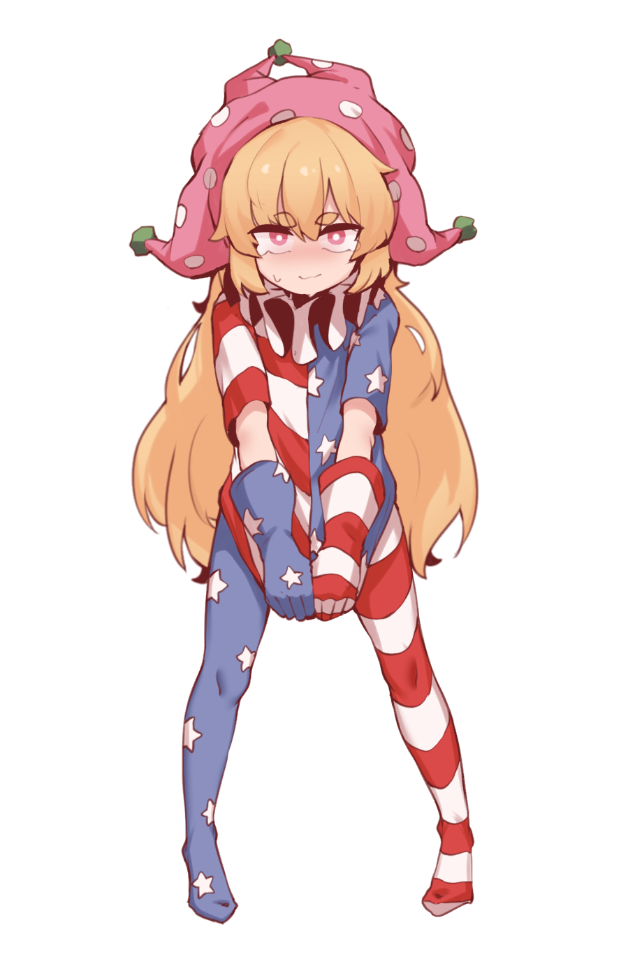 1girl american_flag_dress american_flag_legwear bangs blonde_hair bright_pupils clothes_pull clownpiece doro_au dress_pull eyebrows_visible_through_hair full_body gloves hair_between_eyes hat highres jester_cap legs_apart long_hair looking_at_viewer neck_ruff pink_headwear polka_dot red_eyes sleeves_past_elbows solo standing star_(symbol) star_print tearing_up thick_eyebrows touhou v_arms very_long_hair white_pupils