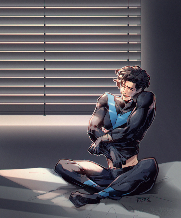 1boy artist_name batman_(series) bed black_bodysuit black_hair blue_bodysuit bodysuit closed_eyes clothes_lift dc_comics dick_grayson indian_style jjmk-jjmk lifted_by_self male_focus nightwing on_bed open_mouth phone short_hair sitting smile solo talking_on_phone two-tone_bodysuit undressing