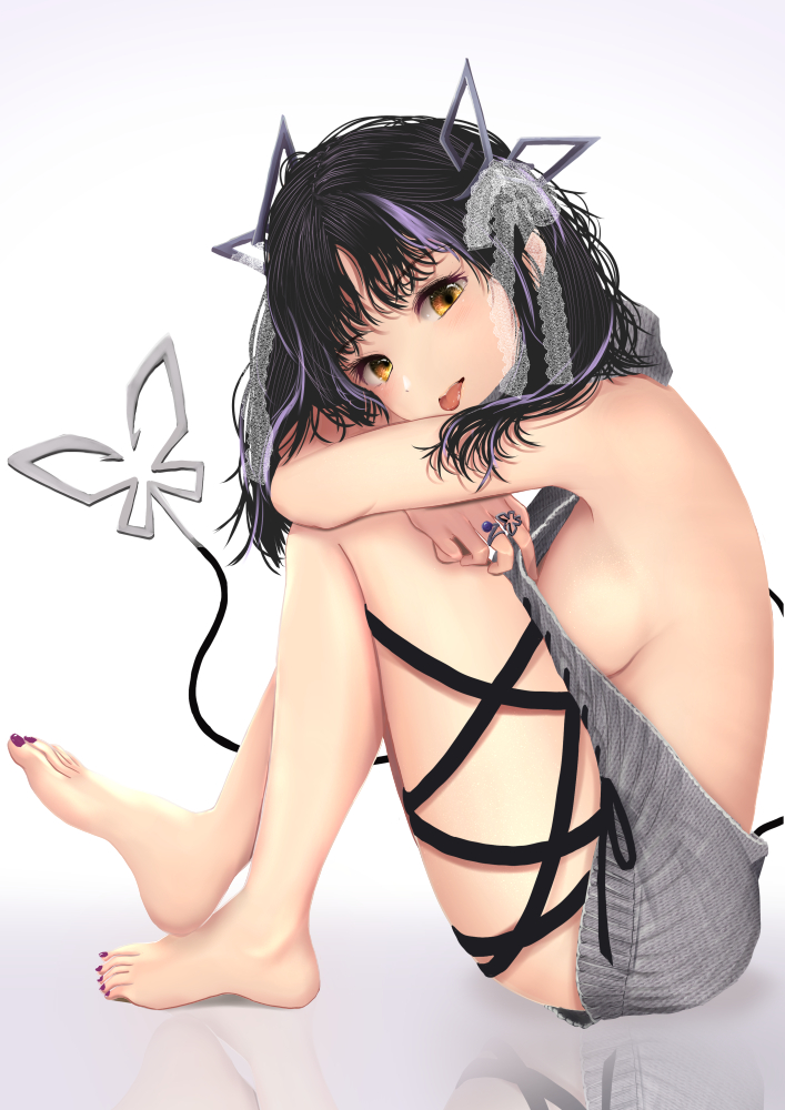 1girl bangs barefoot black_hair black_ribbon blush bow breasts commentary_request dc24v demon_girl demon_horns demon_tail eyebrows_visible_through_hair full_body grey_sweater hair_bow horns hugging_own_legs jewelry kojo_anna lace_bow leg_ribbon long_hair looking_at_viewer medium_breasts meme_attire multicolored_hair nail_polish no_bra official_alternate_costume open_mouth pointy_ears purple_hair ribbon ring sideboob solo sugar_lyric sweater tail toenail_polish toenails tongue tongue_out two-tone_hair virgin_killer_sweater virtual_youtuber white_bow yellow_eyes