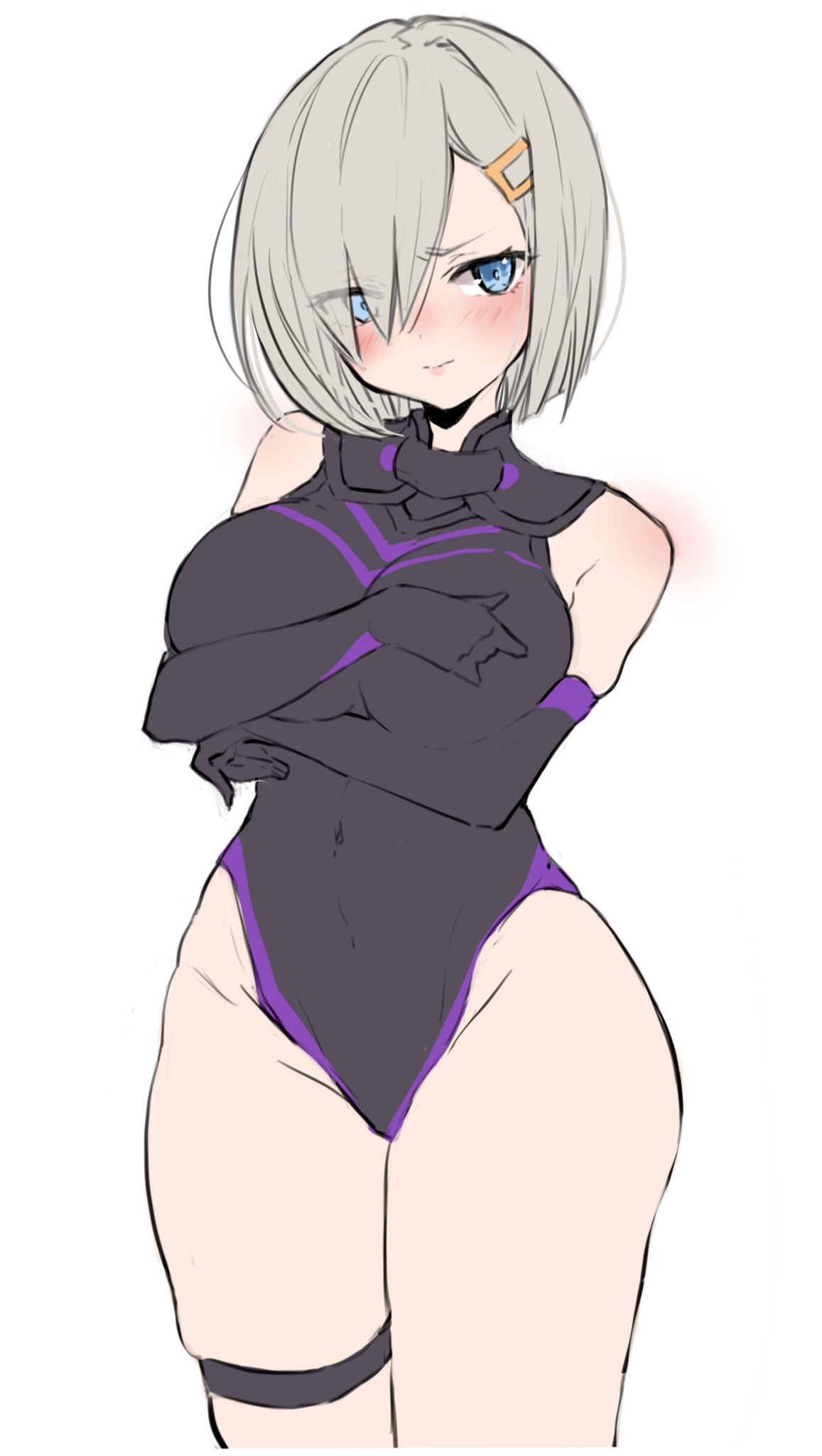 1girl bangs black_gloves black_leotard blue_eyes blush breasts chigasaki_yukari closed_mouth cosplay covering covering_breasts elbow_gloves fate/grand_order fate_(series) gloves grey_hair hair_between_eyes hair_ornament hair_over_one_eye hairclip hamakaze_(kancolle) highres kantai_collection large_breasts leotard mash_kyrielight mash_kyrielight_(cosplay) short_hair simple_background solo thigh_strap white_background