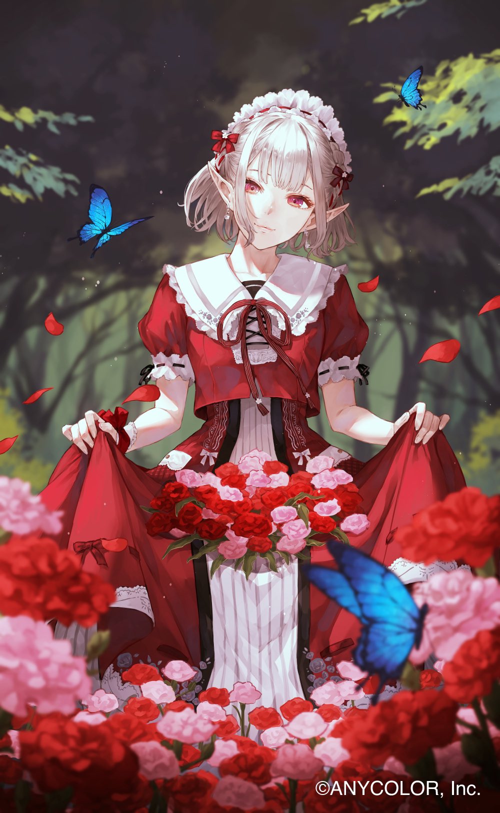 1girl bug butterfly closed_mouth clothes_lift day dress dress_lift elu_(nijisanji) forest grey_hair head_tilt highres kaoming looking_at_viewer maid_headdress medium_hair nature neck_ribbon nijisanji official_art outdoors pale_skin pointy_ears puffy_short_sleeves puffy_sleeves red_eyes red_ribbon red_shirt ribbon shirt short_sleeves smile solo