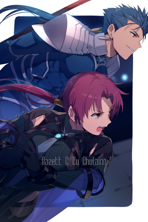 1boy 1girl armor bangs bazett_fraga_mcremitz black_bodysuit blue_bodysuit blue_hair bodysuit breasts cu_chulainn_(fate) cu_chulainn_(fate/stay_night) earrings echo_(circa) fate/grand_order fate/stay_night fate_(series) gae_bolg_(fate) jewelry large_breasts long_hair low_ponytail manannan_mac_lir_(fate) open_mouth parted_bangs pauldrons polearm ponytail red_eyes redhead shoulder_armor smile spear weapon