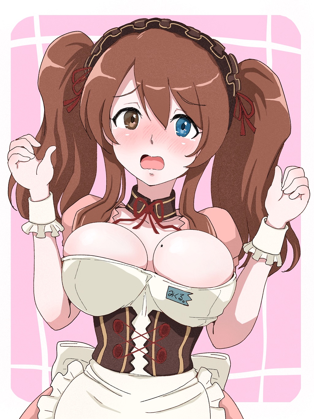 1girl alternate_costume alternate_hairstyle apron arms_up asahina_mikuru blue_eyes blush border breasts brown_eyes brown_hair commentary_request corset dress heterochromia highres large_breasts long_hair maid mole mole_on_breast name_tag osage_gankyou pink_background pink_dress puffy_short_sleeves puffy_sleeves red_ribbon ribbon sad short_sleeves solo suzumiya_haruhi_no_yuuutsu tearing_up tears twintails upper_body white_apron white_border wrist_cuffs