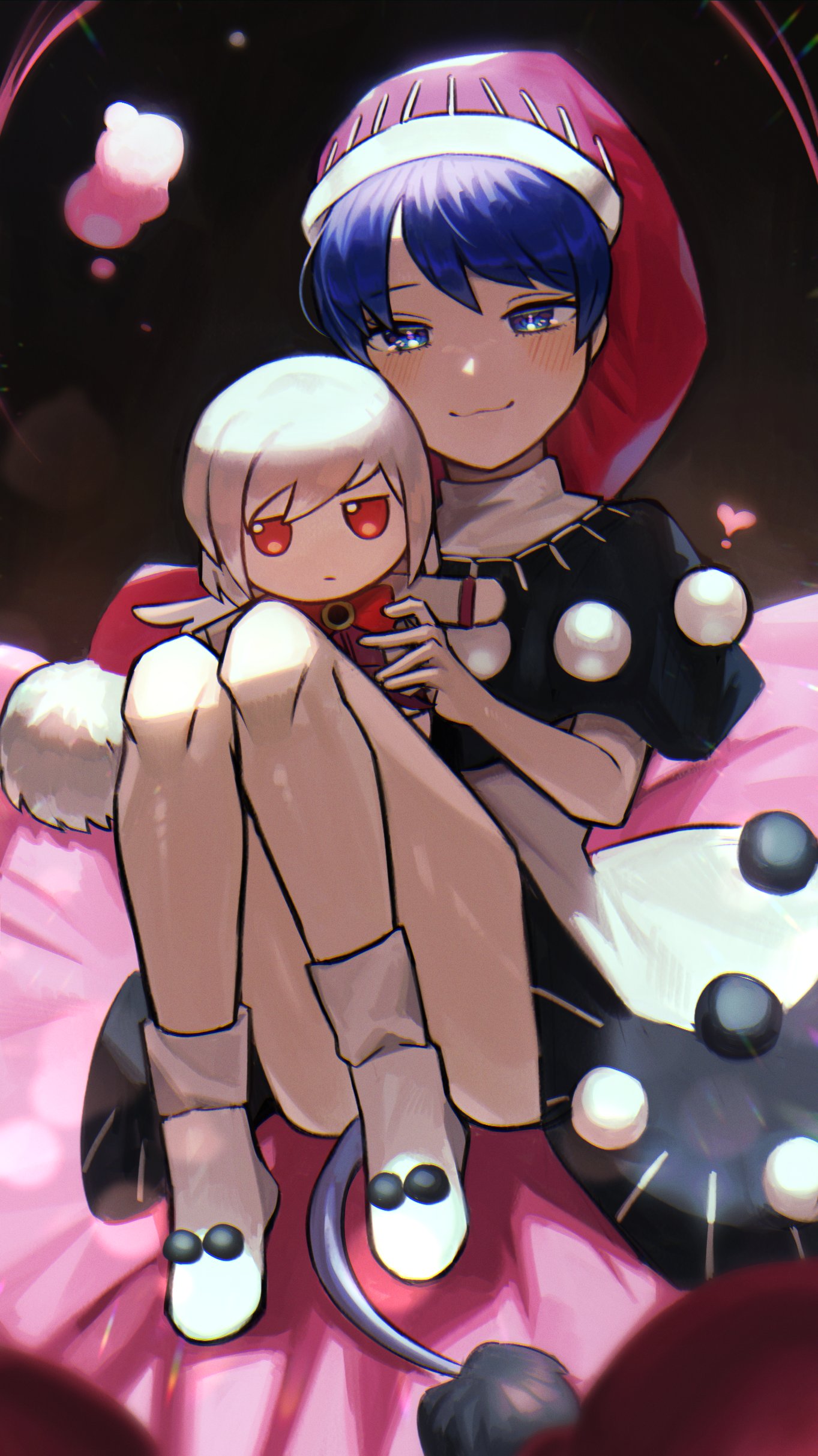 1girl absurdres arms_up bangs bed blue_eyes blue_hair blush bow bowtie brown_background character_doll closed_mouth doll doremy_sweet dress eyebrows_visible_through_hair fumo_(doll) gem grey_hair grey_jacket hair_between_eyes hands_up hat heart highres jacket jewelry kishin_sagume long_sleeves looking_at_viewer looking_to_the_side on_bed open_clothes open_jacket pink_heart pom_pom_(clothes) purple_dress red_bow red_bowtie red_eyes red_headwear short_hair short_sleeves simple_background single_wing sitting sitting_on_bed smile socks solo tail touhou tt_921780 white_legwear wings