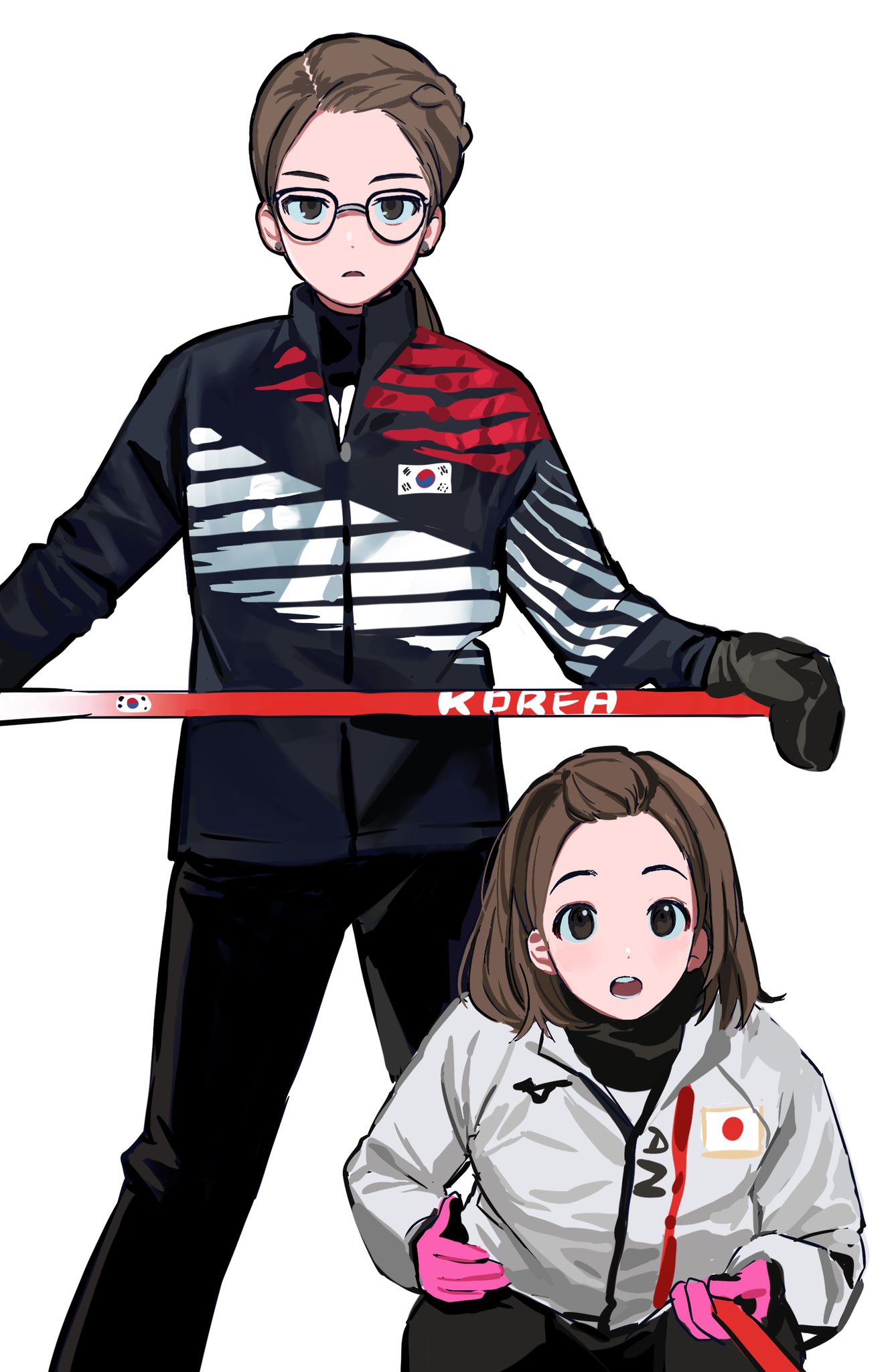 2022_winter_olympics 2girls betti_(xx_betti) black_gloves black_jacket black_pants brown_eyes brown_hair character_request forehead frown glasses gloves hair_behind_ear highres holding jacket japanese_flag leaning_forward looking_at_viewer multiple_girls olympics pants photo-referenced real_life south_korean_flag white_jacket