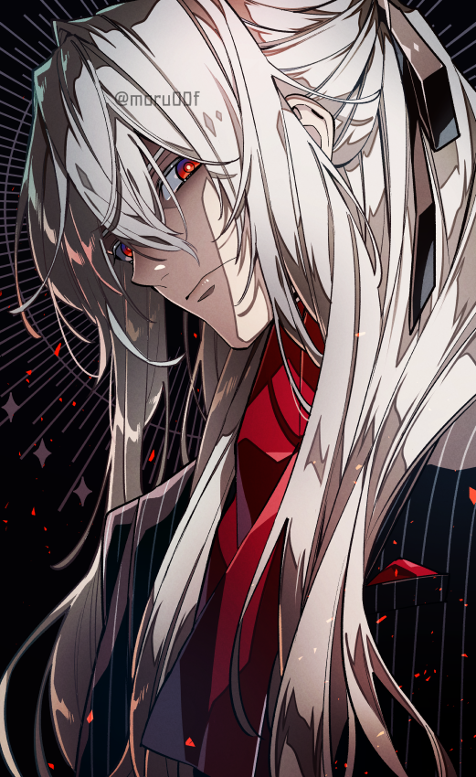 1boy antonio_salieri_(fate) fate/grand_order fate_(series) formal grey_hair jacket light_particles long_hair long_sleeves looking_at_viewer male_focus moru00f pinstripe_pattern pinstripe_suit red_eyes silver_hair solo striped suit twitter_username type-moon upper_body white_hair